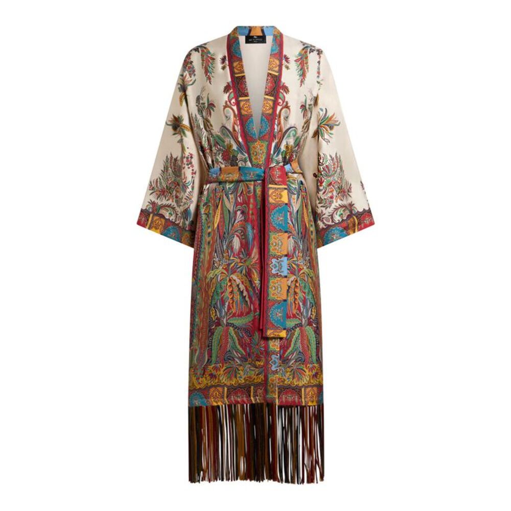 Etro Women Silk Duster Coat With Fringes And Paisley Foliage Print